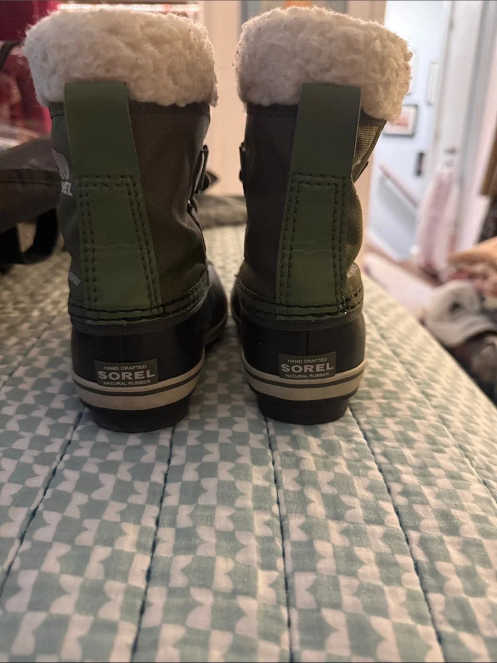 Sorel Kids Green and Black Waterproof Winter Boot with Cream Faux-Fur Cuff